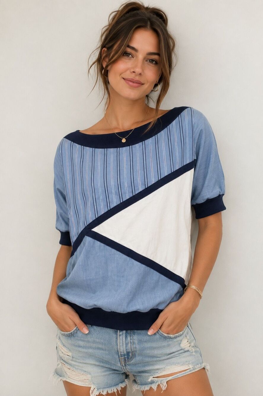 Vintage 14th Place California Colorblock Geometric Top Women’s Large Blue Stretc
